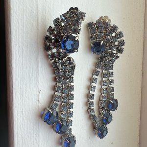 Vintage Blue Rhinestone Earrings - Silver Tone Clip-Ons
